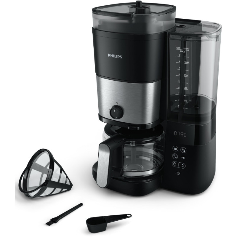 Philips Coffe maker drip All-in-1 Brew, 1.25L, grain+ ground, display, coffee pot warmer, grinder, black (HD7900/50)