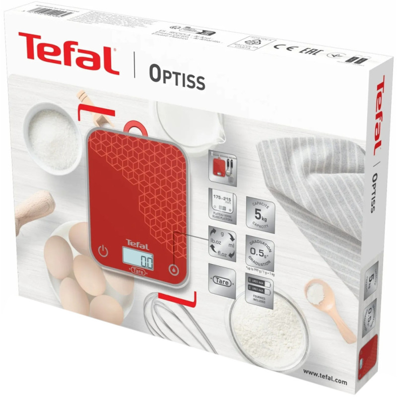 Tefal Весы Tefal кухонные Optiss, 5кг, AAAx2 в компл, стекло, красный (BC50D7V0)