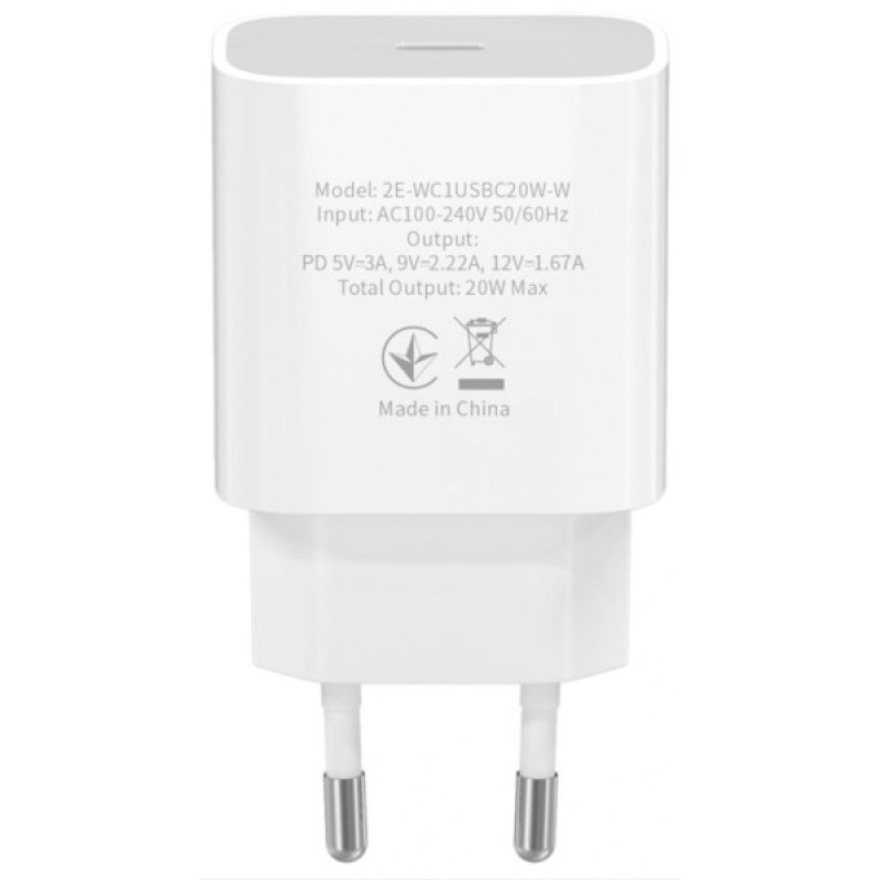 Зарядное устройство 2E USB-C Wall Charger PD3.0 DC5V/3A, 20W, white (2E-WC1USBC20W-W)