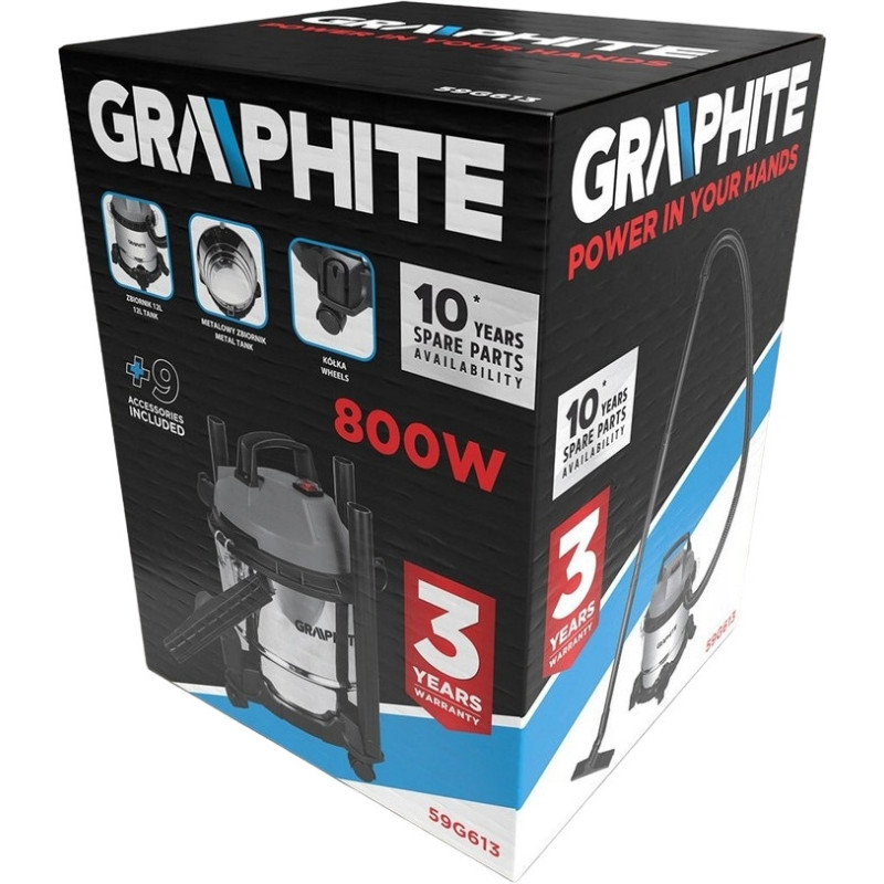 Graphite Professional vacuum cleaner, 800W, 12kPa, 12l container, 220V/800V socket, wheels (59G613)