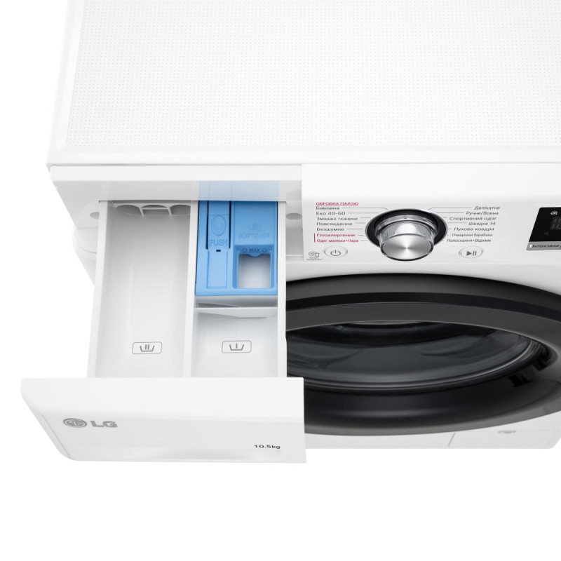 LG Пральна машина фронтальна, 10,5кг, 1400, A+++, 57см, дисплей, пара, інвертор, білий (F4V3RS6WW)
