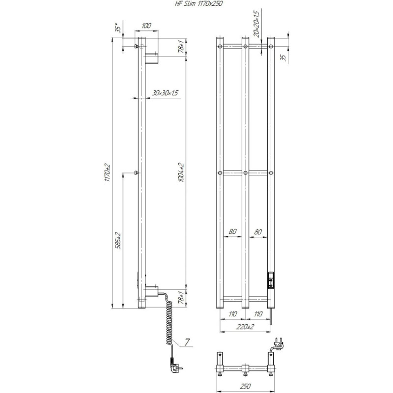 Hygge Family electric towel warmer Slim, 1170x250x80mm, timer-regulator, steel, matte white (3.164.045798.WM)