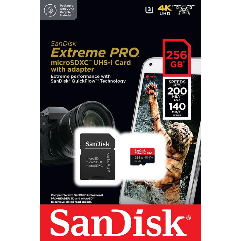 SanDisk microSD 256GB C10 UHS-I U3 R200/W140MB/s Extreme Pro V30 + SD (SDSQXCD-256G-GN6MA)