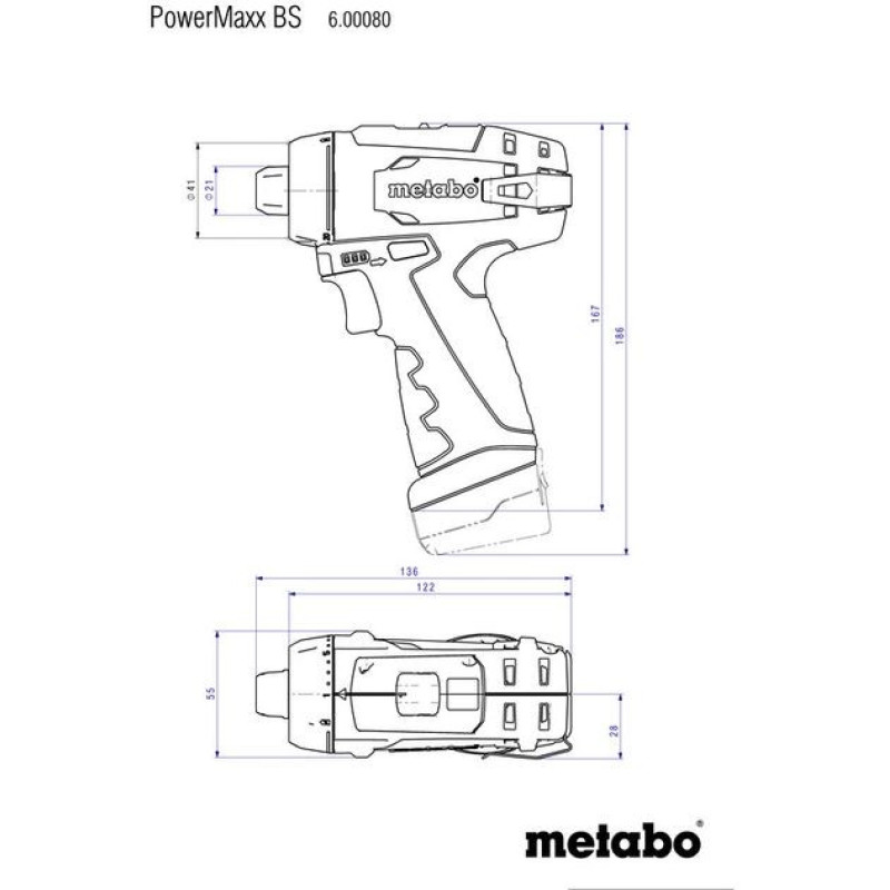 Metabo Cordless Drill Crwdriver POWERMAXX BS BASIC, 2*12V, 2Ah, 0-360/0-1400rpm, chuck 1-10mm, hexagon, 17/34Nm (600984500)