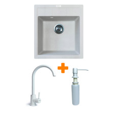 Adamant Набор кухонная Brick, искуственный камень, квадрат, без крыла, 460x515x200мм, чаша - 1, врезная, Old stone + смеситель и дозатор (4824296209710)