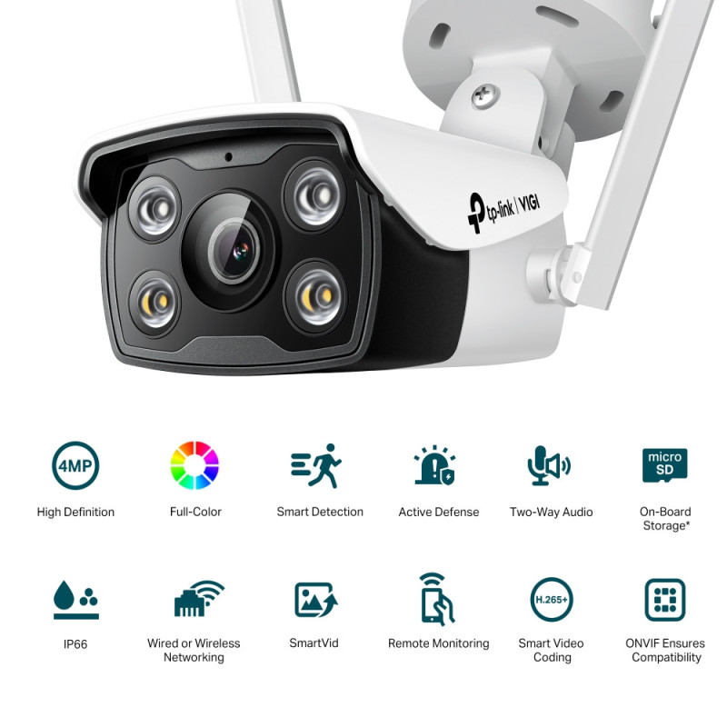 TP-Link IP Camera VIGI-C340-W-4, PoE, 4MP, 4 mm, Wi-Fi, H265+, IP66, Bullet, color night vision, outdoor (VIGI-C340-W4)