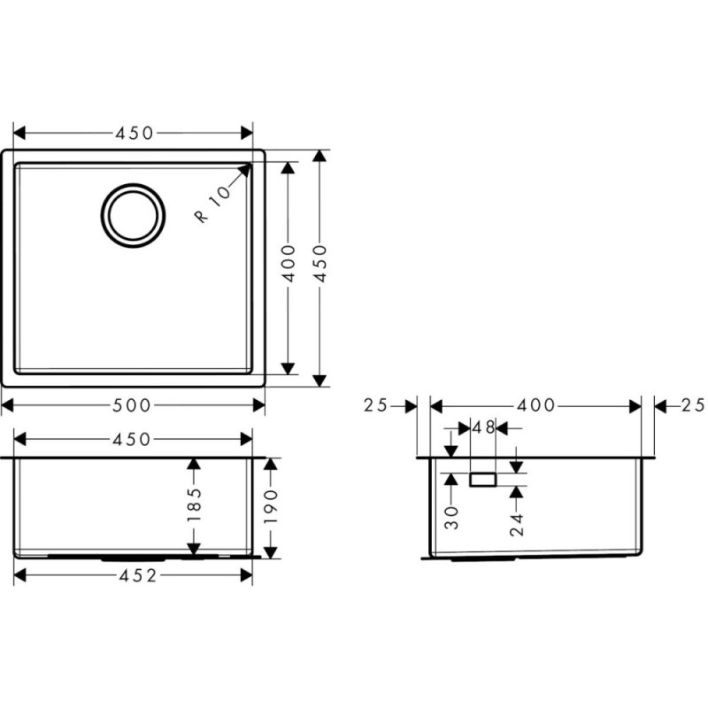 Hansgrohe kitchen sink st.steel, rectang., no drainboard, 500x450x185mm, bowl - 1, over/under-mounted, inox (43426801)