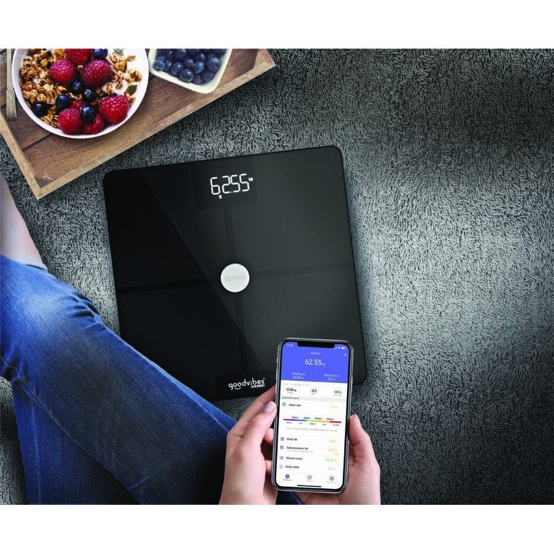 Tefal scales for floor Goodvibes Smart, 180kg, Bluetooth, Li-Ion USB cable included, glass, black (BM9660S1)