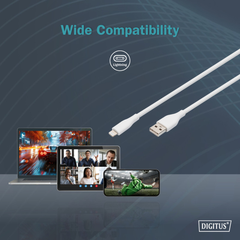 Digitus USB Silicone charging cable, USB-A - Lightning 2m, USB 2.0, 12W, white (AK-600108-020-W)