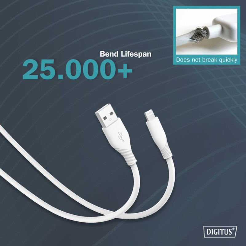 Digitus USB Silicone charging cable, USB-A - Lightning 2m, USB 2.0, 12W, white (AK-600108-020-W)