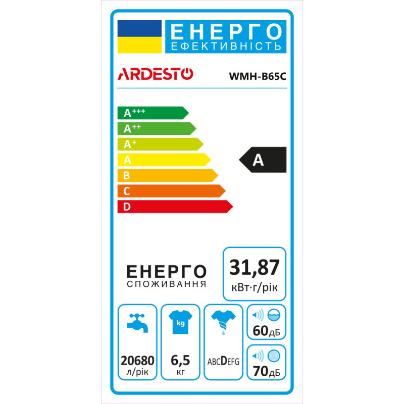ARDESTO WM semi-automatic, 6.5kg, 1350, A, 41cm, spin-dry, white (WMH-B65C)
