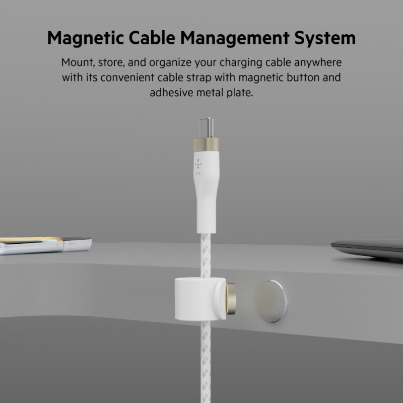 Belkin Cable USB-С - USB-C BRAIDED SILICONE, strap with magnet, 1m, white (CAB011BT1MWH)