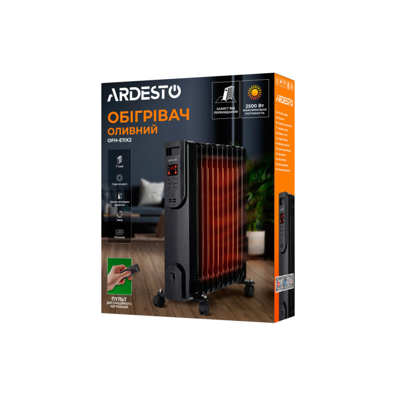 ARDESTO Масляный радиатор, 25м2, 2500Вт, электр. упр-ние, 11 секций, пульт ДУ, чёрный (OFH-E11X2)