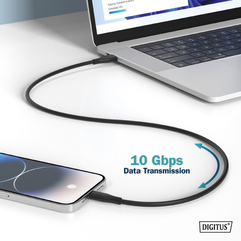 Digitus USB Silicone connection cable, USB-C - USB-C 1m, USB 3.2 Gen2, 10G, 4K, 100W, black (AK-300342-010-S)