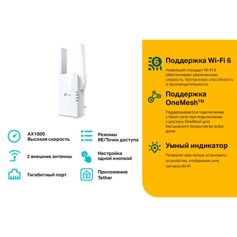 TP-Link Повторювач Wi-Fi сигналу RE605X AX1800 1хGE ext. ant x2 OneMesh