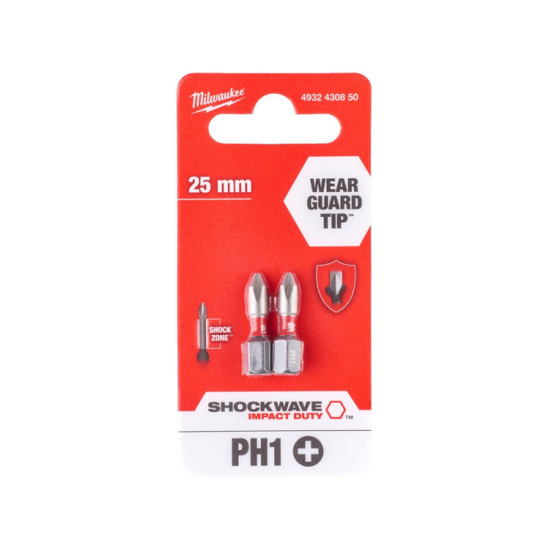 Milwaukee Shockwave Bits, Set of 2pcs, PH1x25mm (4932430850)