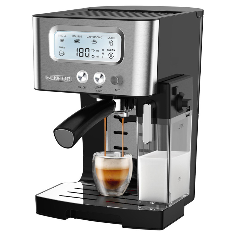 Sencor coffee maker carob 1.4l, ground, LCD panel, auto capuchino maker, black (SES4090SS)