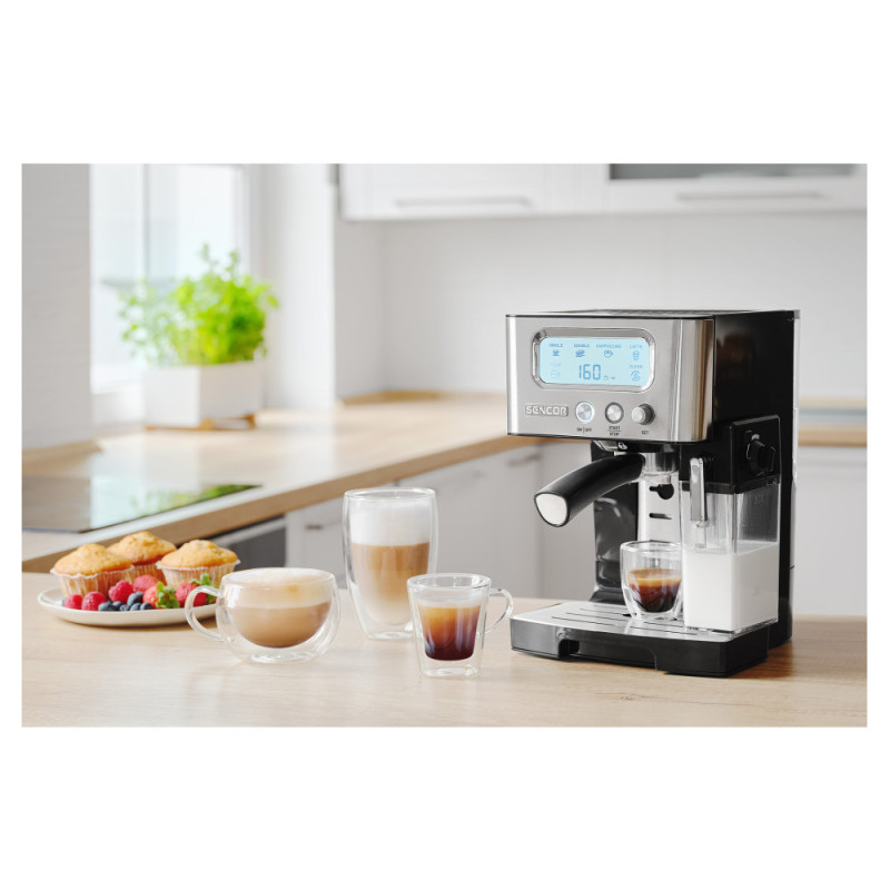 Sencor coffee maker carob 1.4l, ground, LCD panel, auto capuchino maker, black (SES4090SS)