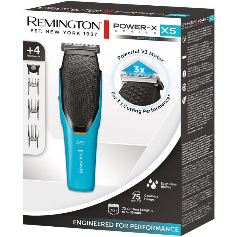 Remington Машинка для стрижки Power X Series X5, сеть+акум., роторный мотор, насадок-4, сталь, черно-бирюзовый (HC5000)