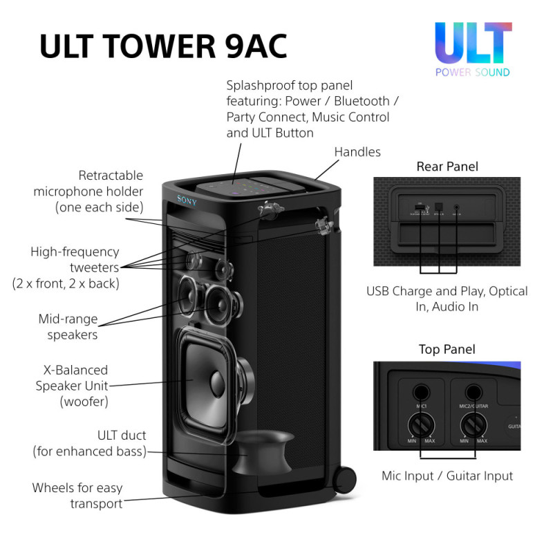 Sony Акустична система ULT TOWER 9AC 2.0, BT 5.3, LED, Party Connect, SBC, AAC, LDAC (SRSULT900ACCAF1)