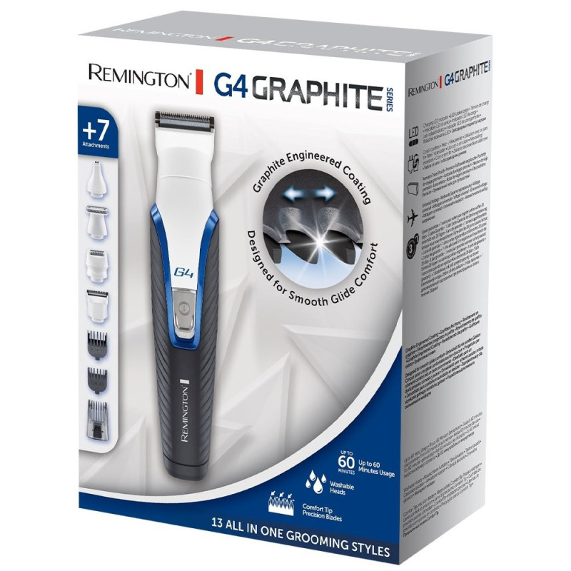 Remington Набор для стрижки G4 Graphite series для бороды, усов, головы, носа и тела, сеть+акум., насадок-7, сталь, черно-белый (PG4000)