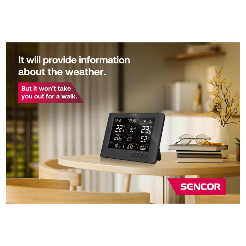 Sencor Метеостанція Sencor, внутр/зовн вимірювання, від мережі/CR2032x1+AAx3, темп-ра, вологість, час, прогноз погоди, атмосферний тиск, шв. вітру, чорний (SWS9500)