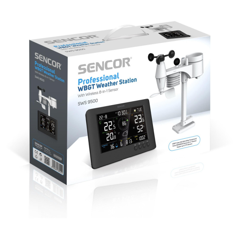 Sencor Метеостанція Sencor, внутр/зовн вимірювання, від мережі/CR2032x1+AAx3, темп-ра, вологість, час, прогноз погоди, атмосферний тиск, шв. вітру, чорний (SWS9500)