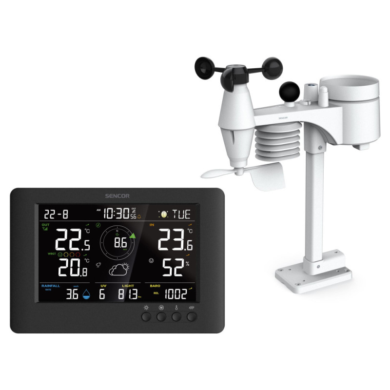Sencor Метеостанція Sencor, внутр/зовн вимірювання, від мережі/CR2032x1+AAx3, темп-ра, вологість, час, прогноз погоди, атмосферний тиск, шв. вітру, чорний (SWS9500)