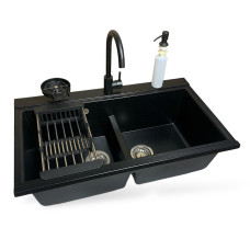 Adamant Kitchen set Similar, artificial stone, rectang., no drainboard, 885x505x230mm, bowl - 2, over-mounted, black + mixer + dispenser + glass rinser + colander (4824296106503)
