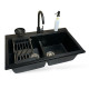 Adamant Kitchen set Similar, artificial stone, rectang., no drainboard, 885x505x230mm, bowl - 2, over-mounted, black + mixer + dispenser + glass rinser + colander (4824296106503)