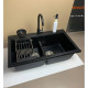 Adamant Kitchen set Similar, artificial stone, rectang., no drainboard, 885x505x230mm, bowl - 2, over-mounted, black + mixer + dispenser + glass rinser + colander (4824296106503)