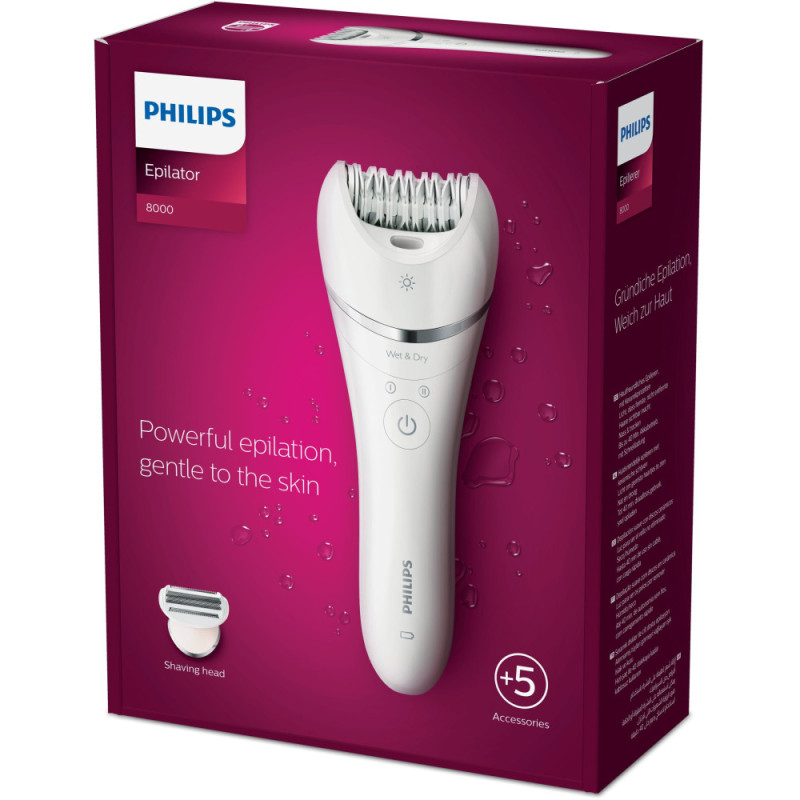 Philips Epilator 8000 series, rechargeable, tweezers.-32, dry+wet, nozzles-4, with backlight, white (BRE710/00)
