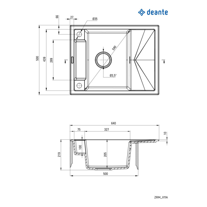 Deante Kitchen Sink granite, rectang., with drainboard, 640х500х219mm, bowl - 1, over-mounted, metallic graphite (ZRM_G11A)