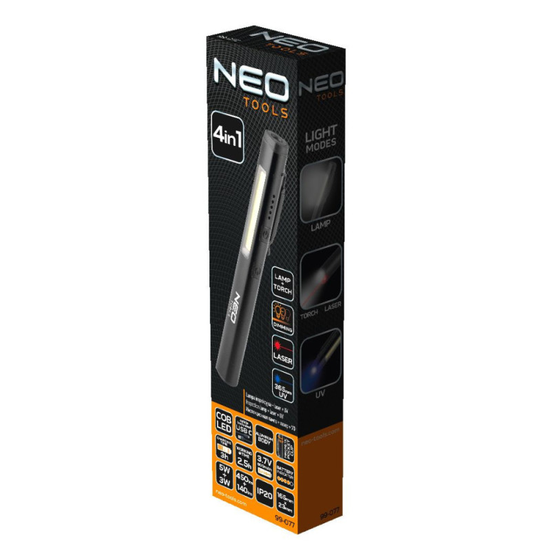 Neo Tools Ліхтар інспекційний акумуляторний 4в1, 800мАг, 450лм, 5+3Вт, лазер, УФ лампа 365нм, IP20 (99-077)