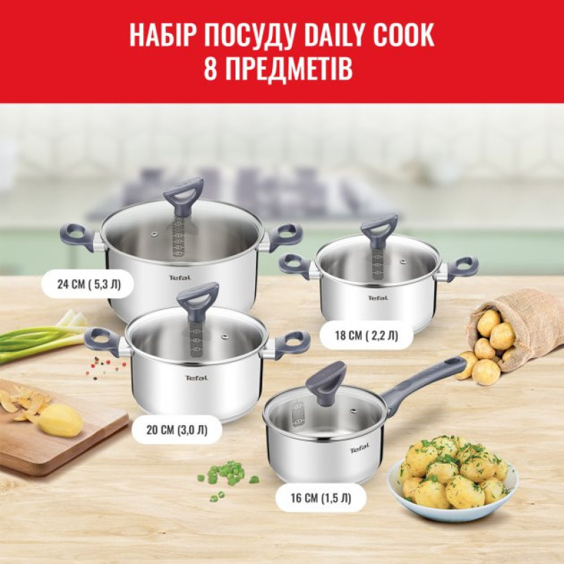 Tefal Cookware set Daily Cook, 8items, stainless steel, bakelite, glass (G712S855)