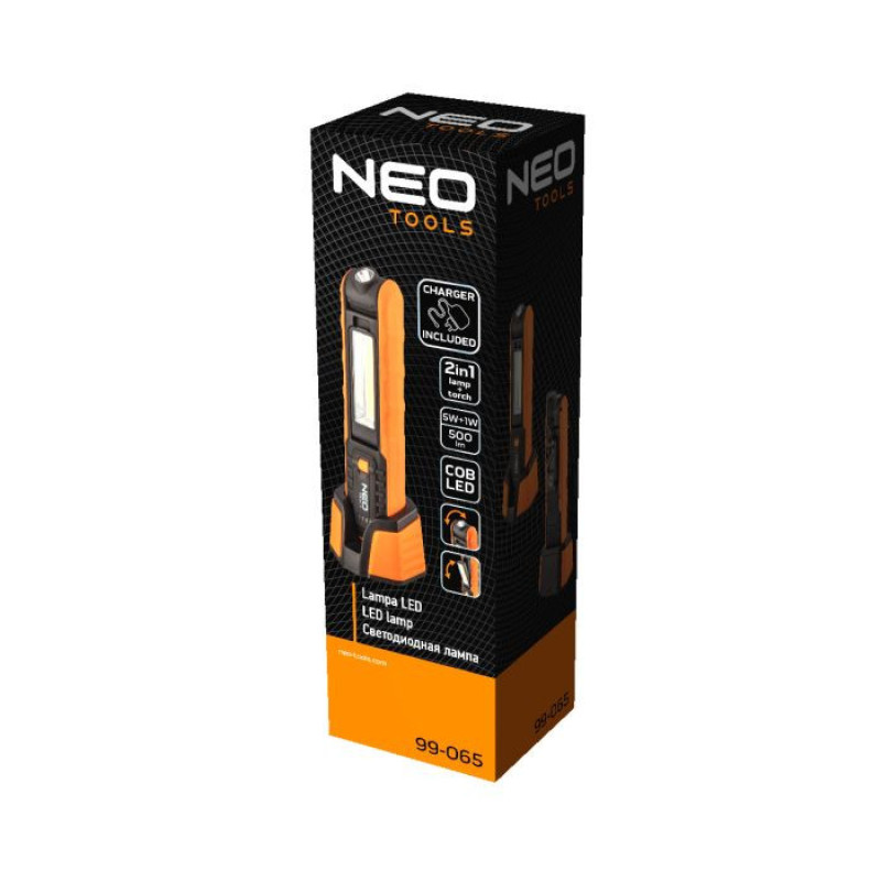 Neo Tools Фонарь инспекционный аккумуляторный, 2600мА•ч, 500лм, 5+1Вт, база+ЗУ, индикатор заряда, крючок, магнит, IP20 (99-065)