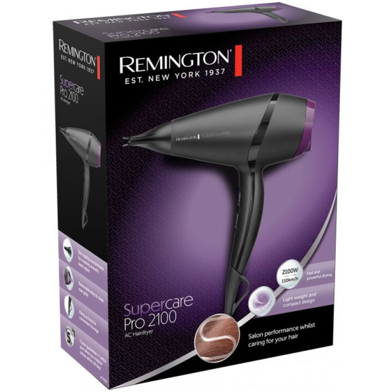 Remington Фен Supercare PRO 2100 AC motor, 2100Вт, режимов-3, иониз-я, хол. обдув, черный (AC7100)