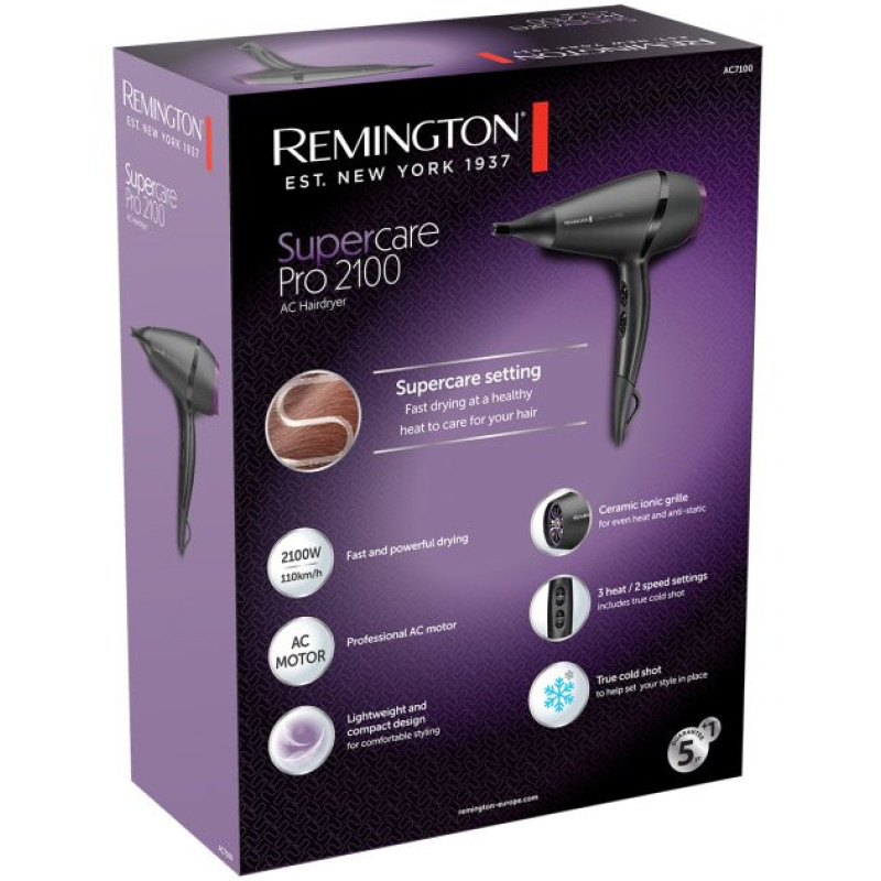 Remington Фен Supercare PRO 2100 AC motor, 2100Вт, режимов-3, иониз-я, хол. обдув, черный (AC7100)