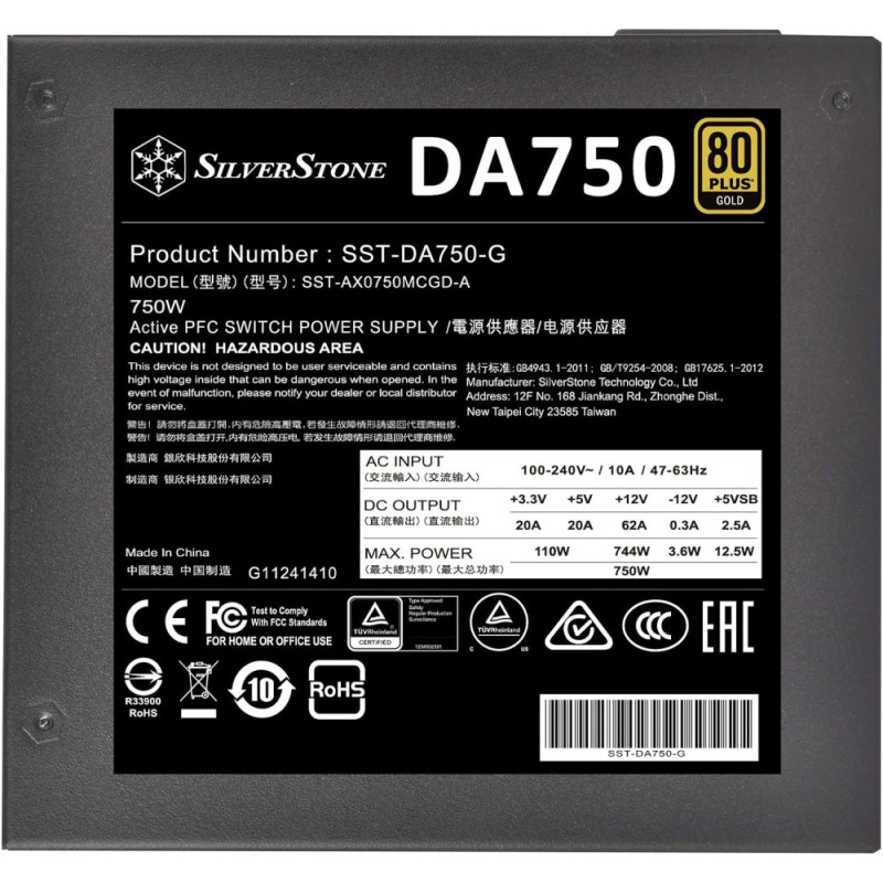 SilverStone PSU Decathlon (750W), >90%, 80+ Gold, 120мм, 1xMB, 24pin(20+4), 2xCPU 8pin(4+4), 6xMolex, 8xSATA, 4xPCIe 8pin(6+2), Fully modular (SST-DA750-G)