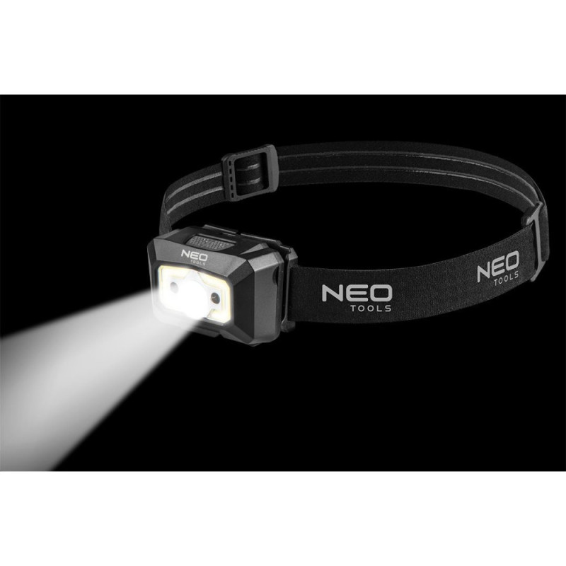 Neo Tools Ліхтар налобний акумуляторний, 1200мАг, 250лм, 3Вт, 5 функцій освітлення, червоне світло, датчик руху, індикатор заряду (99-073)