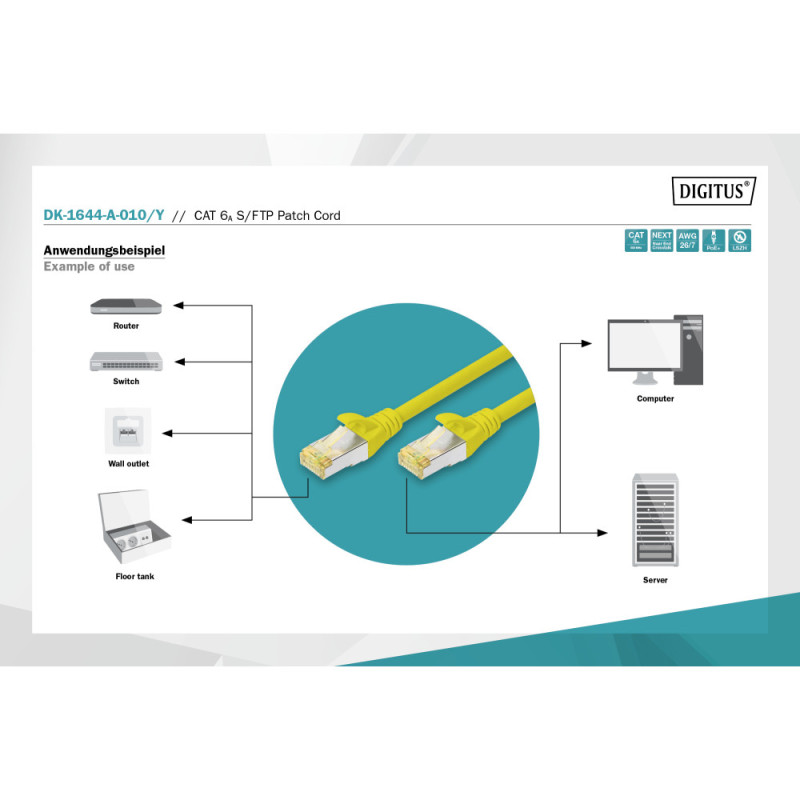 Digitus Патч-корд CAT 6a S-FTP, 1м, AWG 26/7, Cu, LSZH, жовтий (DK-1644-A-010/Y)