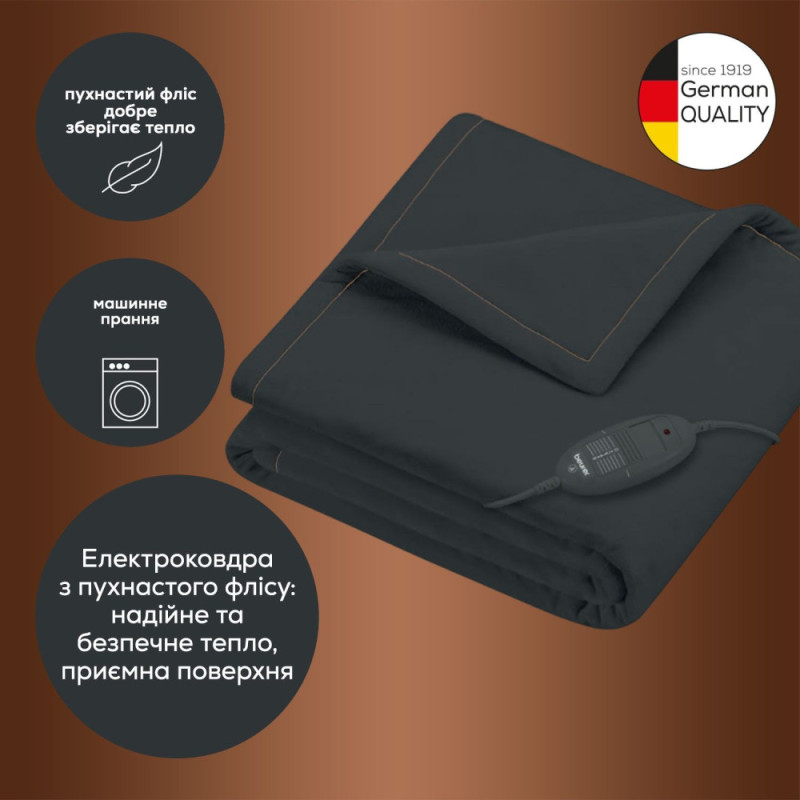 Beurer Електропростирадло Beurer, від мережі, 150х130см, 100Вт, 6 режими, фліс, сірий (HD_74_LE)