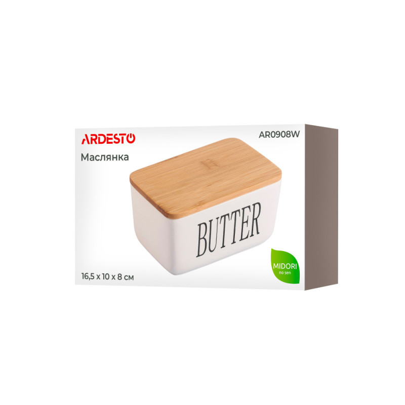 ARDESTO Butter dish Midori 16.5х10х8, ceramic, bamboo, white (AR0908W)