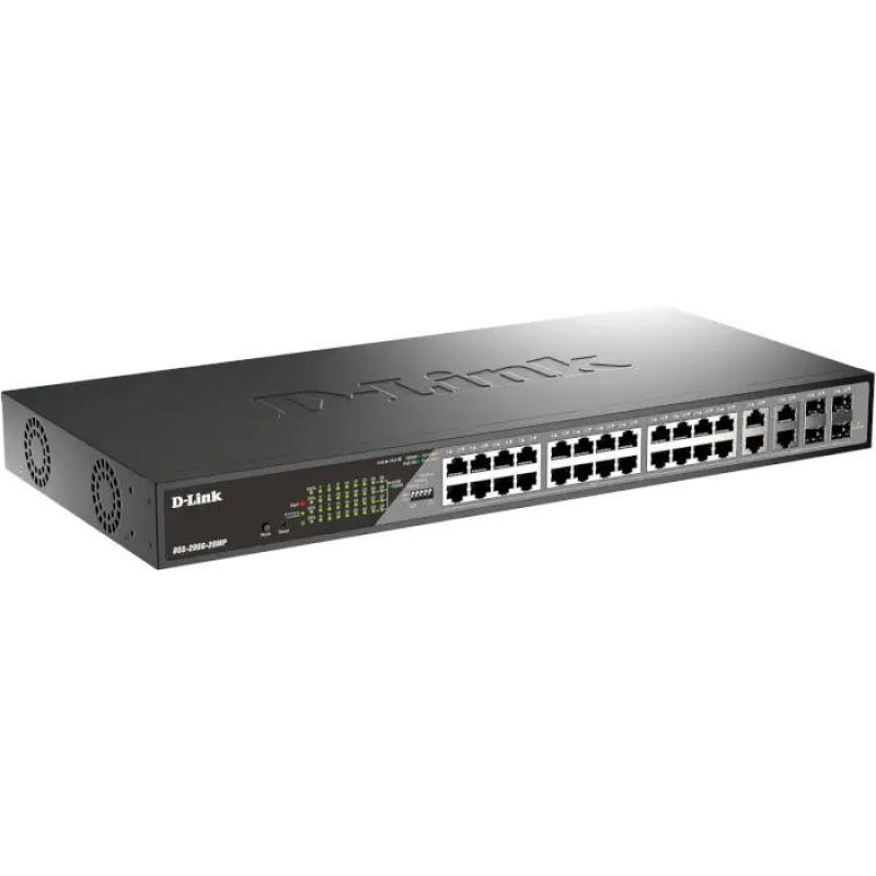 D-Link Коммутатор DSS-200G-28MP 24xGE PoE, 4xSFP/GE, 370W, Неуправляемый