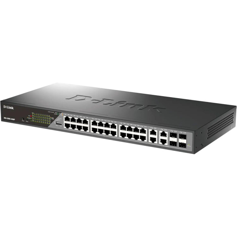 D-Link Коммутатор DSS-200G-28MP 24xGE PoE, 4xSFP/GE, 370W, Неуправляемый