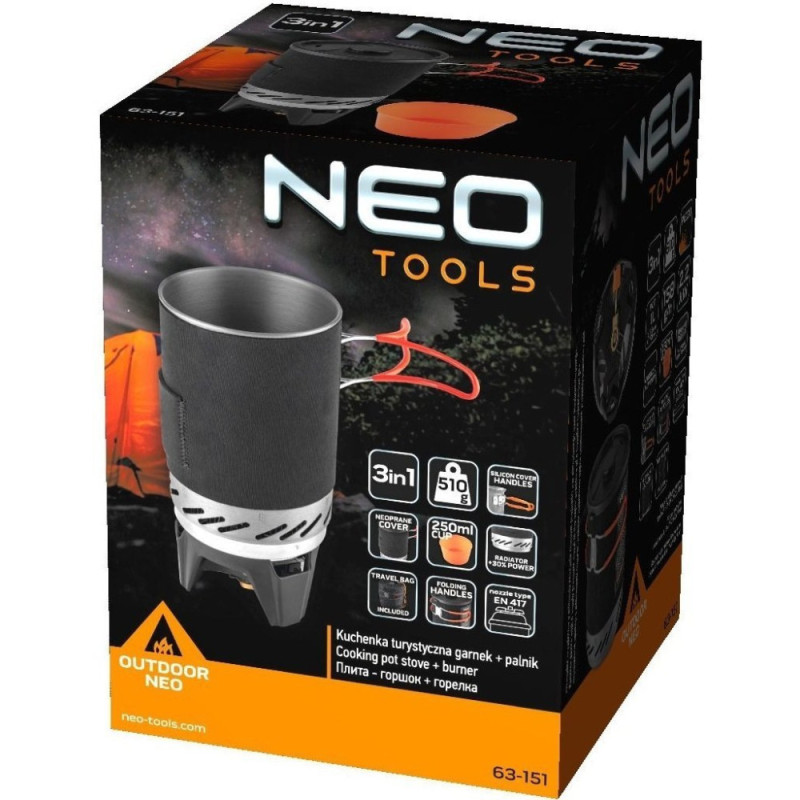 Neo Tools Travel cookware set, 3in1, saucepan,plate,burner, piezo ignition, LFGB certificate, case, 0.51kg (63-151)