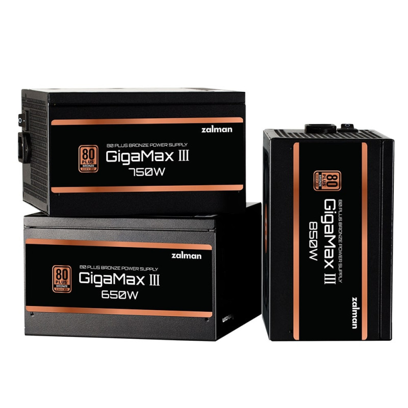 Zalman PSU Gigamax 3 (850W) 88% 80+ Bronze 120mm 1xMB 24pin(20+4) 2xCPU (8pin(4+4)+8pin) 3xMolex 6xSATA 4xPCIe 8pin(6+2) 1x12VHPWR Semi Modular (ZM850-GV3)