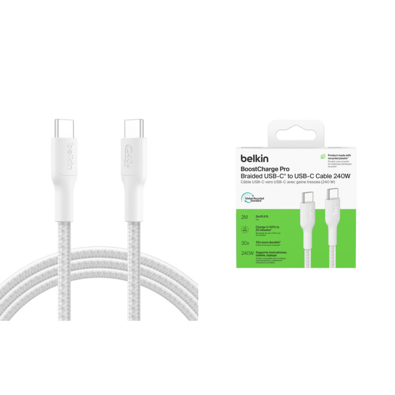 Belkin Кабель USB-C > USB-C зарядки/синхронизации 2м, 240Вт, Type-C, витой, белый (CAB025HQ2MWH)
