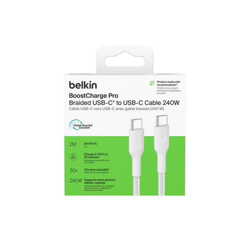 Belkin Кабель USB-C > USB-C зарядки/синхронизации 2м, 240Вт, Type-C, витой, белый (CAB025HQ2MWH)
