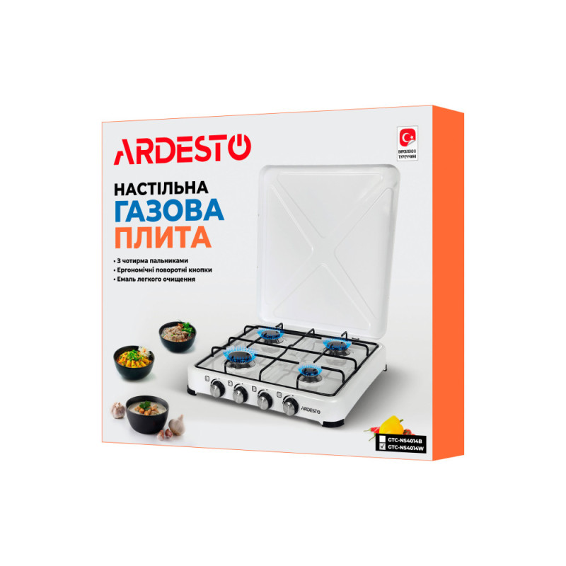 ARDESTO Gas Cooktop GTC-NS4014W, gas type LPG, 4 alum. burners, enamel body, painted grid, top lid, color: white